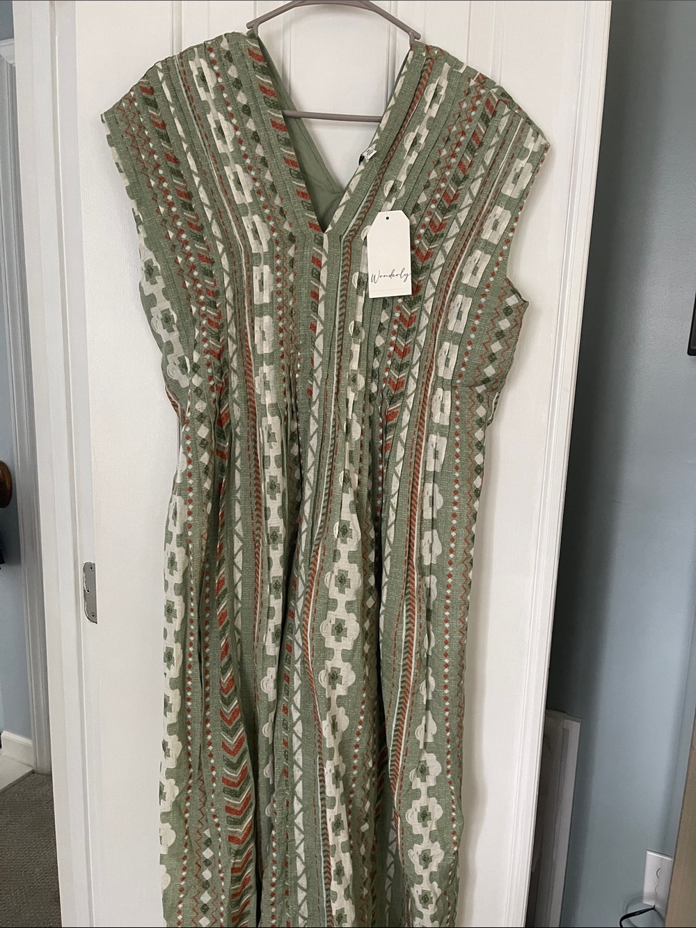 Wonderly Olive Green Patterned Midi Dress with Rust Accents